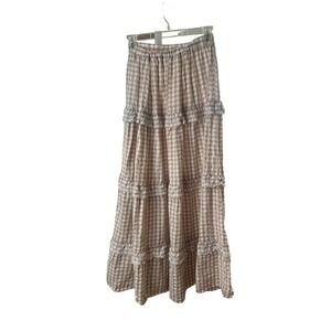 Altar State Tan Gingham Tiered Maxi Skirt Ruffle Lace XS Bohemian Prairie